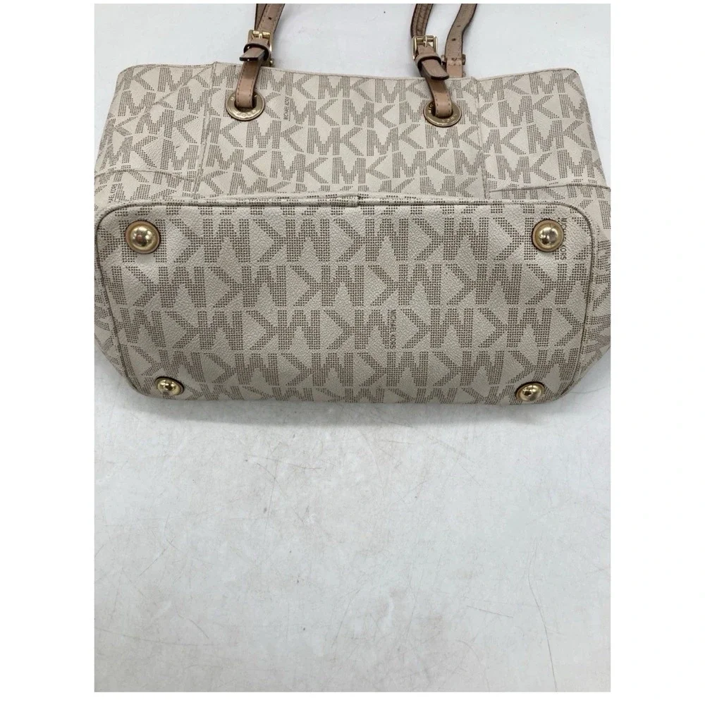 Michael Kors Signature Beige Logo Large Tote Zip Top Gold Hardware MK Charm
